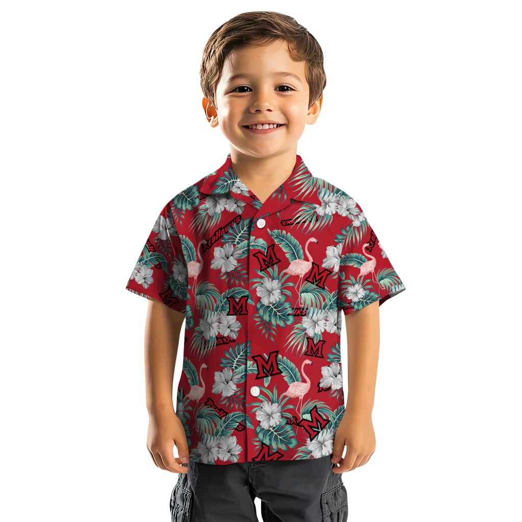 Miami RedHawks Hawaiian Shirt - Flamingo and Hibiscus miami redhawks flamingo palms red hawaiian shirts top rated