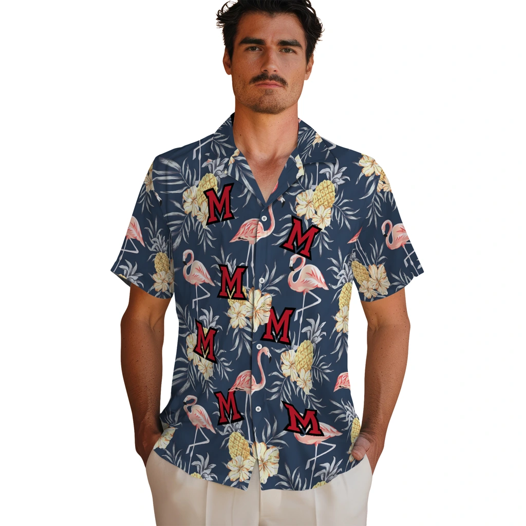 Miami RedHawks Hawaiian Shirt - Flamingo Hibiscus miami redhawks flamingo hibiscus navy hawaiian shirts fashion forward
