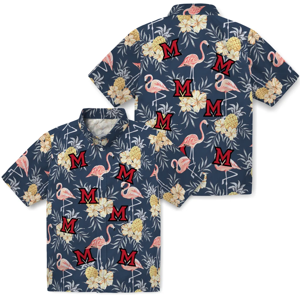 Miami RedHawks Hawaiian Shirt - Flamingo Hibiscus miami redhawks flamingo hibiscus navy hawaiian shirts high quality