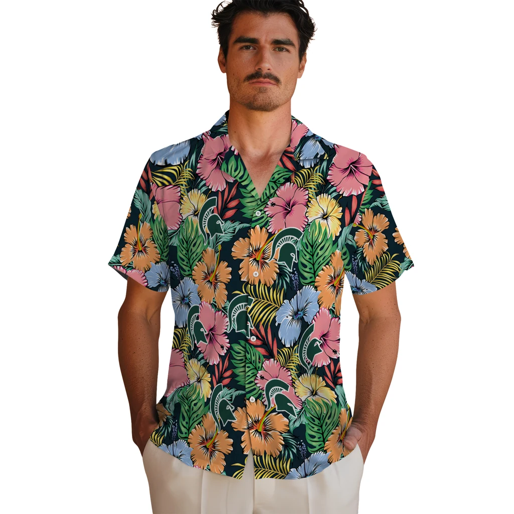 Michigan State Spartans Hawaiian Shirt - Brilliant Hibiscus Garden michigan state spartans brilliant hibiscus garden hawaiian shirts fashion forward