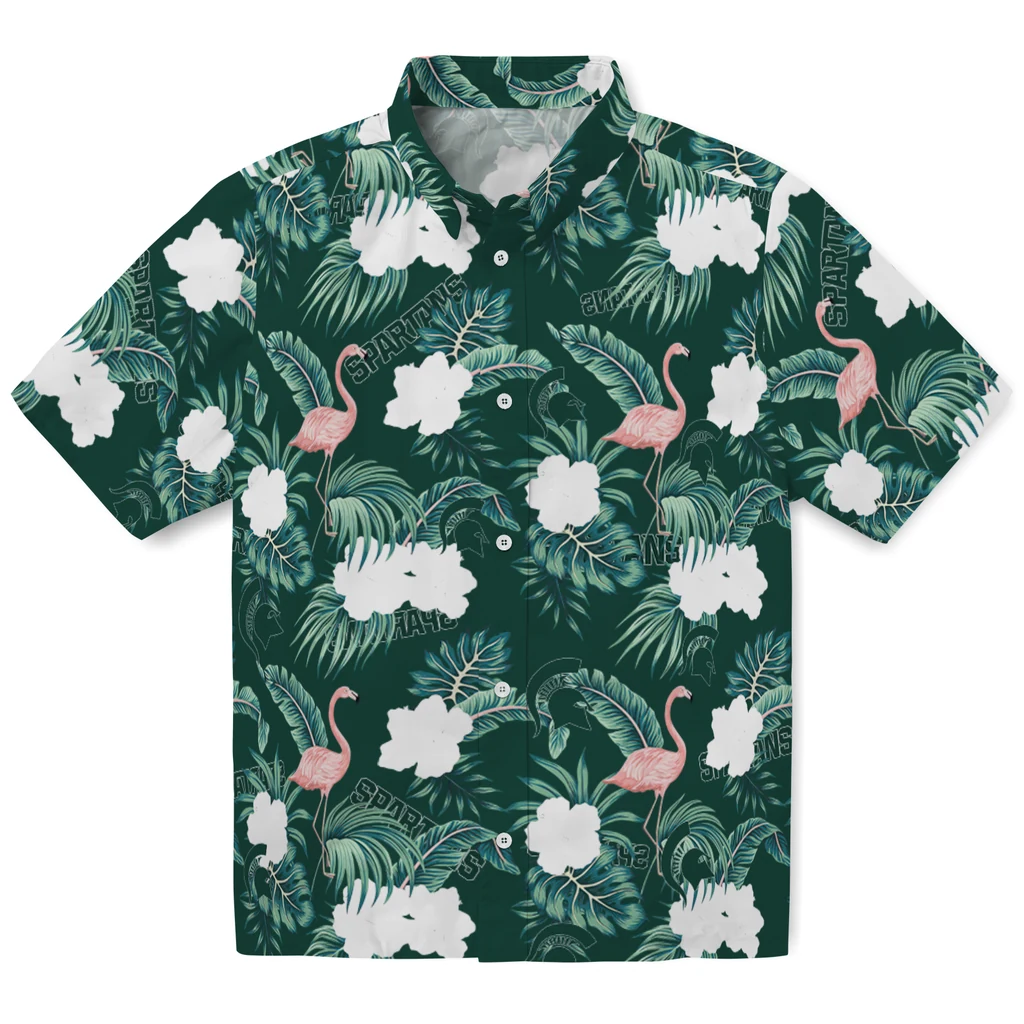 Michigan State Spartans Hawaiian Shirt - Flamingo and Hibiscus michigan state spartans flamingo palms green hawaiian shirts best selling
