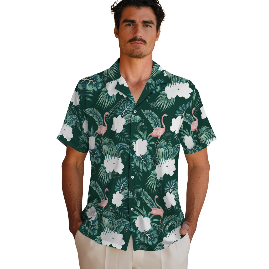 Michigan State Spartans Hawaiian Shirt - Flamingo and Hibiscus michigan state spartans flamingo palms green hawaiian shirts fashion forward