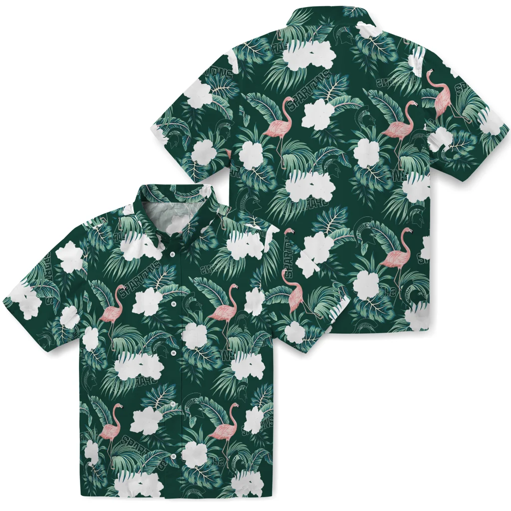 Michigan State Spartans Hawaiian Shirt - Flamingo and Hibiscus michigan state spartans flamingo palms green hawaiian shirts high quality