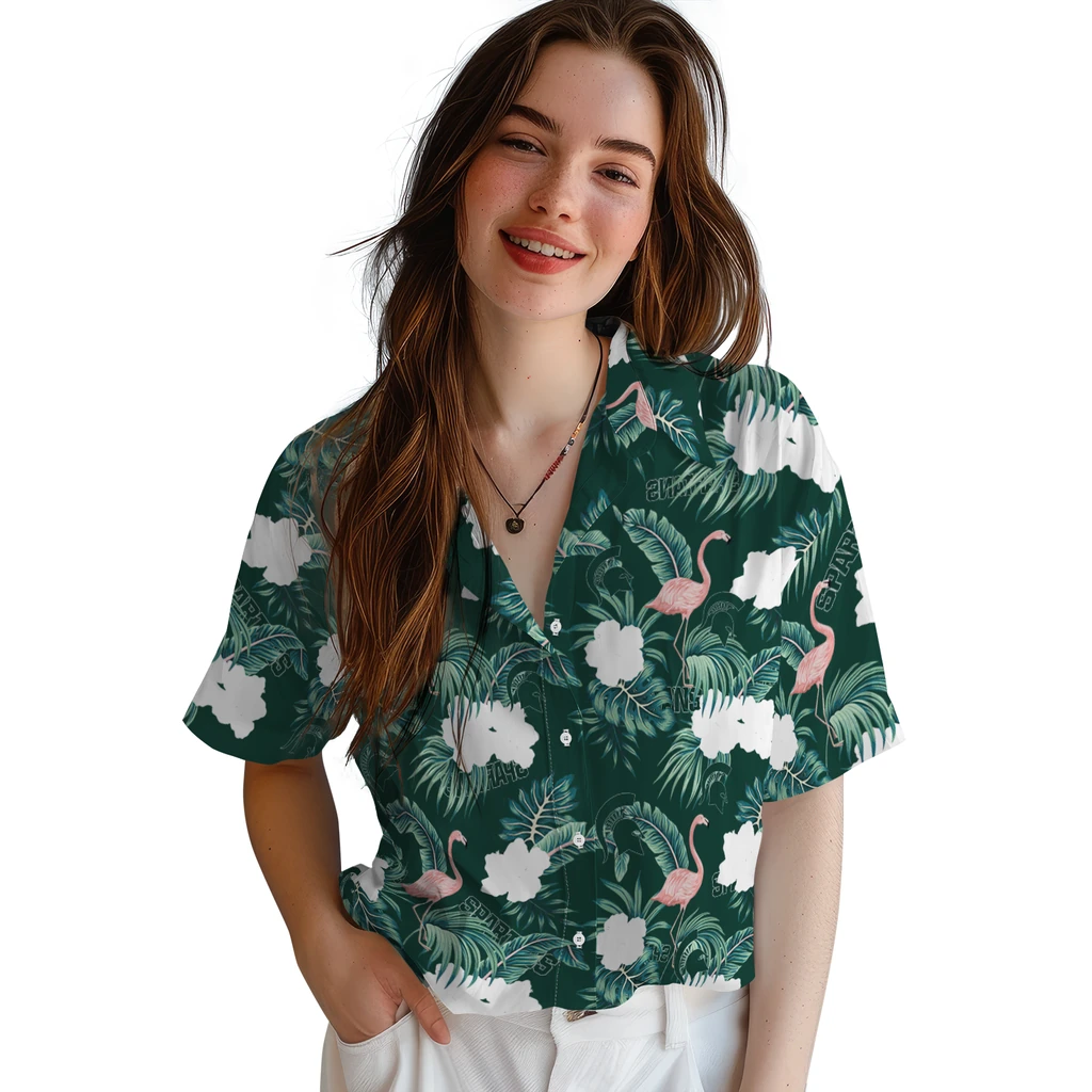 Michigan State Spartans Hawaiian Shirt - Flamingo and Hibiscus michigan state spartans flamingo palms green hawaiian shirts latest model