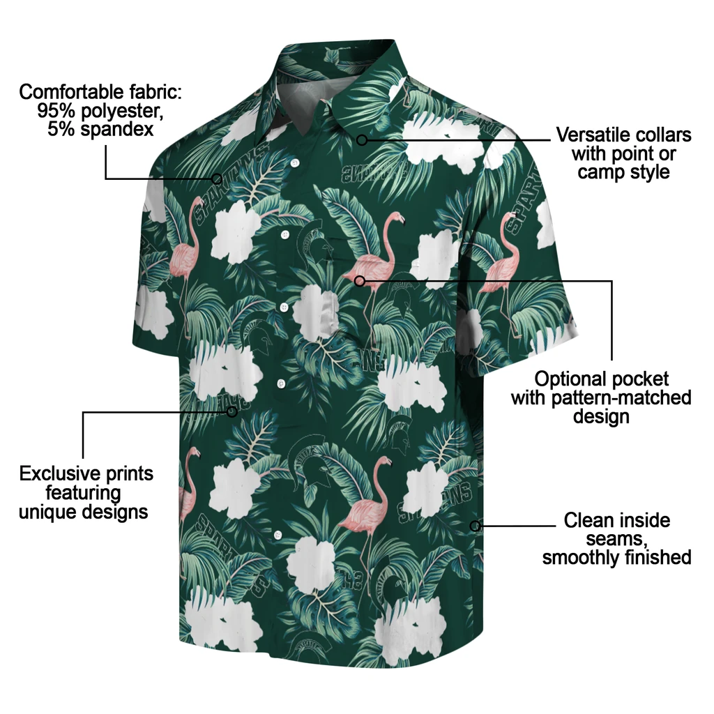 Michigan State Spartans Hawaiian Shirt - Flamingo and Hibiscus michigan state spartans flamingo palms green hawaiian shirts new arrival