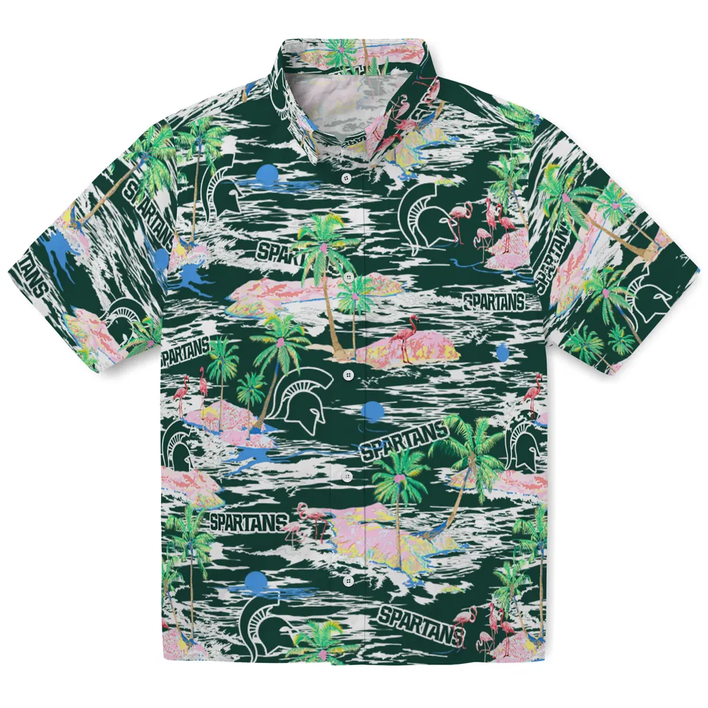 Michigan State Spartans Hawaiian Shirt - Hawaii Island michigan state spartans flamingo retreat green hawaiian shirts best selling
