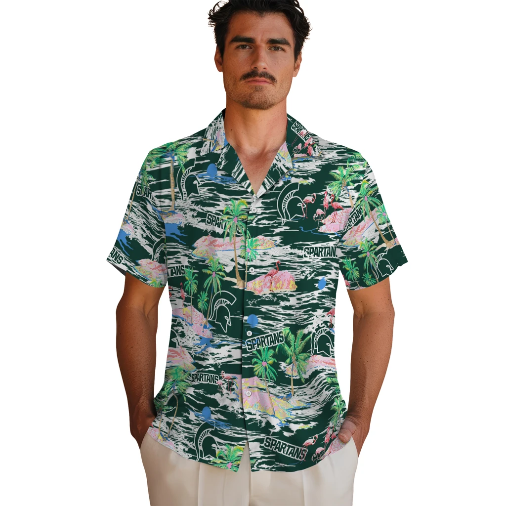 Michigan State Spartans Hawaiian Shirt - Hawaii Island michigan state spartans flamingo retreat green hawaiian shirts fashion forward