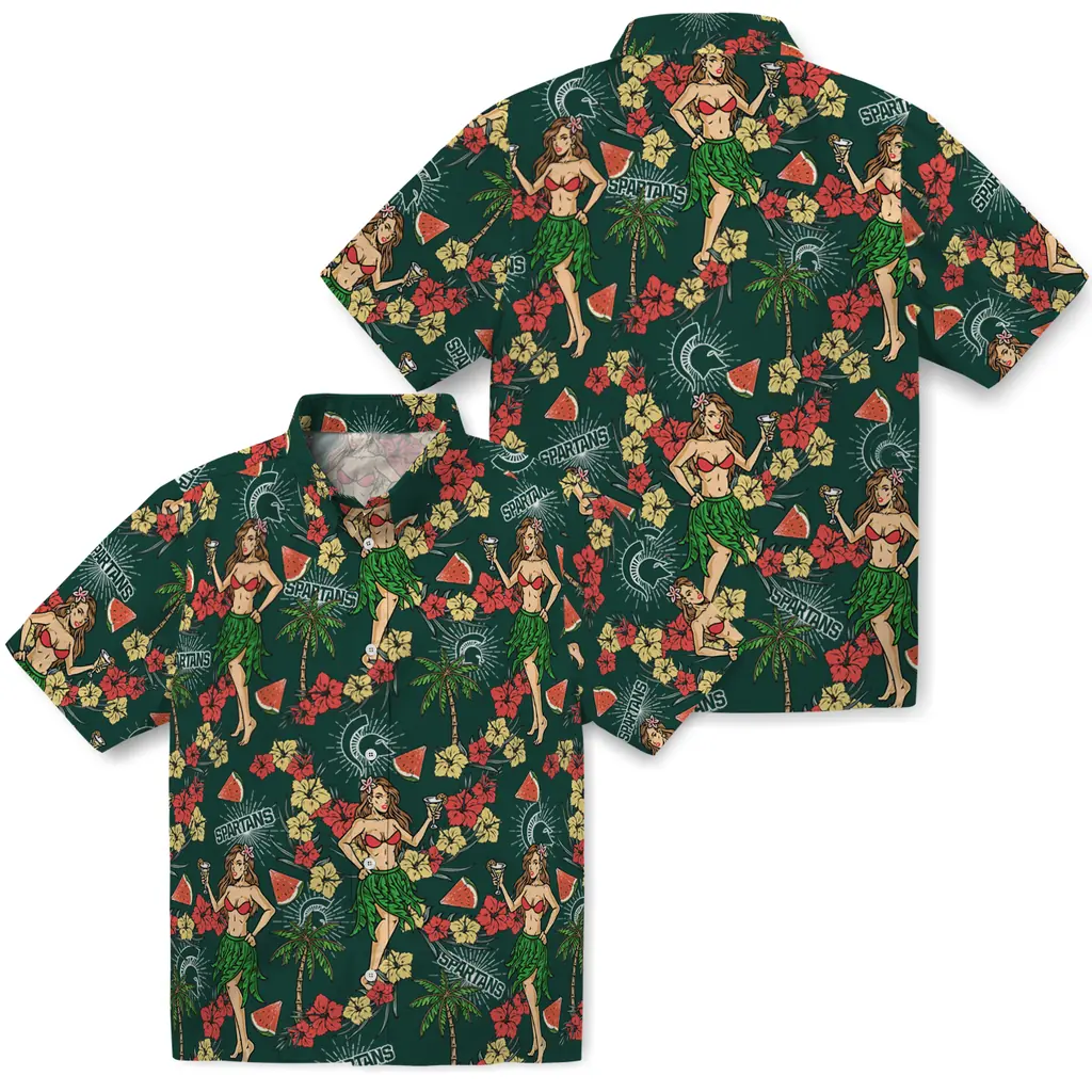 Michigan State Spartans Hawaiian Shirt - Hawaiian Girls Design michigan state spartans hawaiian girls design green hawaiian shirts high quality