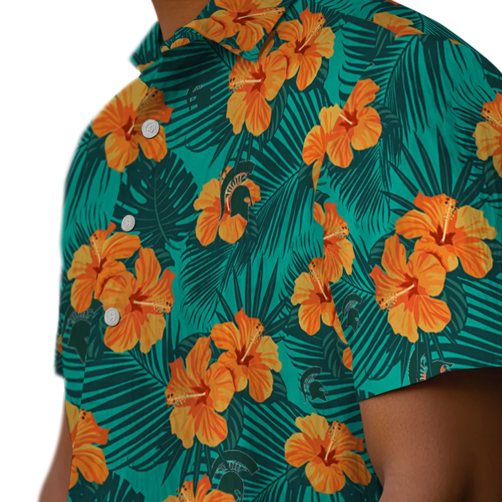 Michigan State Spartans Hawaiian Shirt - Hibiscus and Palm Leaves michigan state spartans hibiscus escape green hawaiian shirts trendy