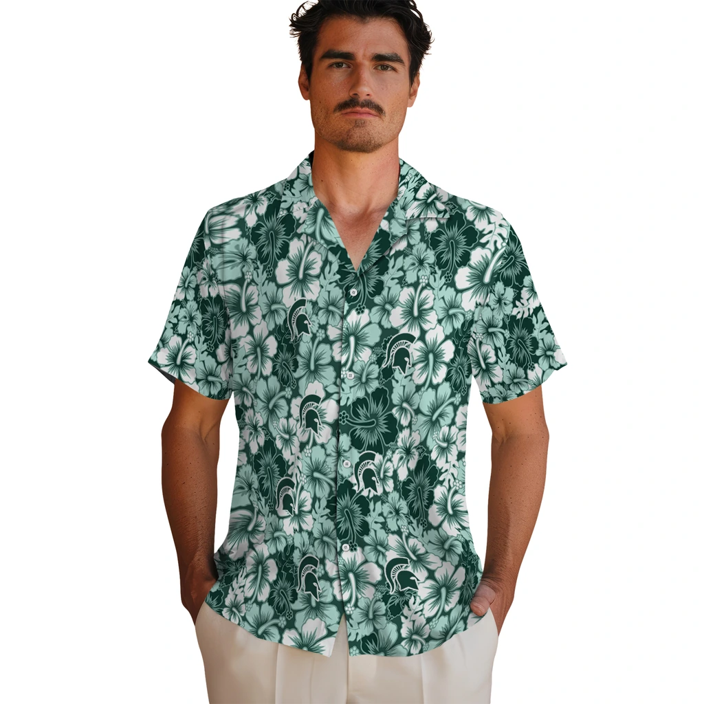 Michigan State Spartans Hawaiian Shirt - Hibiscus Blooms michigan state spartans hibiscus blooms green hawaiian shirts fashion forward