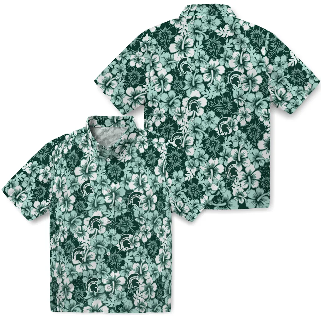 Michigan State Spartans Hawaiian Shirt - Hibiscus Blooms michigan state spartans hibiscus blooms green hawaiian shirts high quality