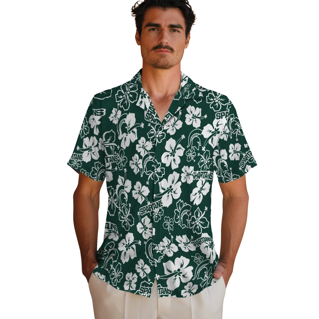 Michigan State Spartans Hawaiian Shirt - Hibiscus Flower Design michigan state spartans hibiscus bloom green hawaiian shirts fashion forward