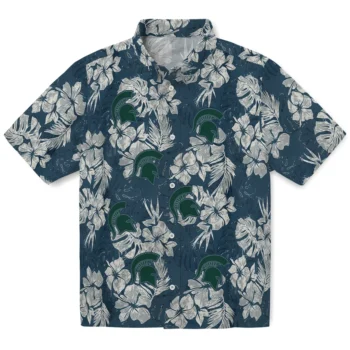 michigan state spartans hibiscus flowers navy blue hawaiian shirts best selling