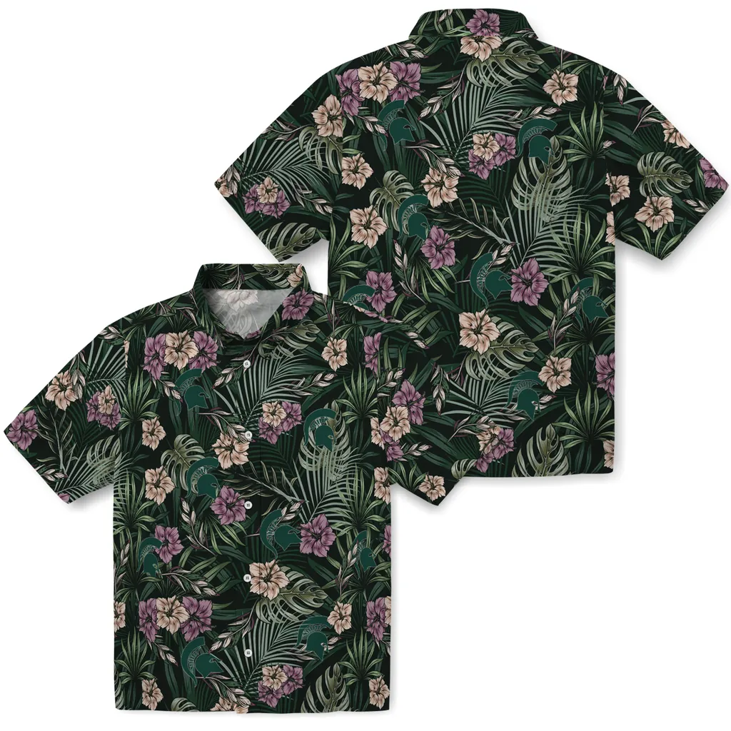 Michigan State Spartans Hawaiian Shirt - Hibiscus Leaves Pattern michigan state spartans hibiscus leaves pattern green hawaiian shirts high quality