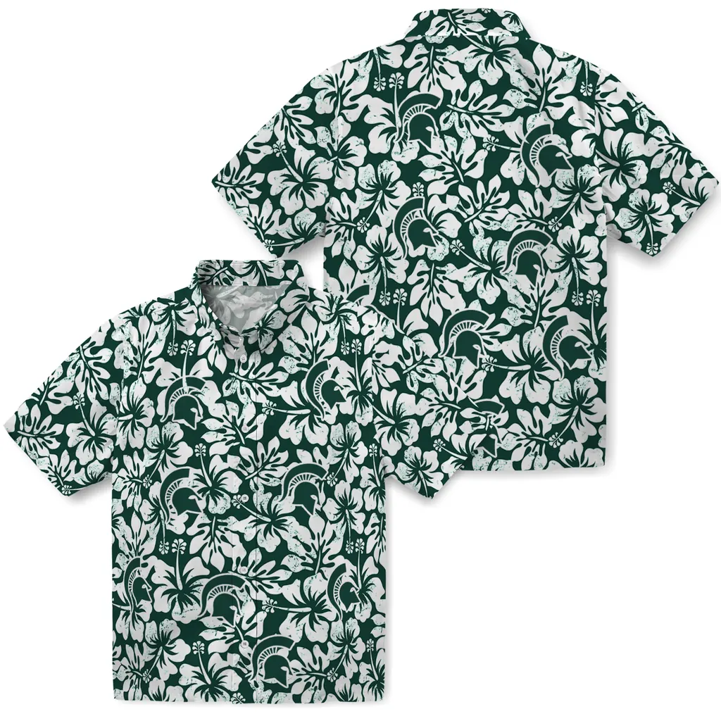 Michigan State Spartans Hawaiian Shirt - Hibiscus Motif michigan state spartans hibiscus motif green white hawaiian shirts high quality