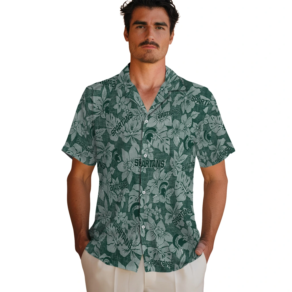 Michigan State Spartans Hawaiian Shirt - Hibiscus Oasis michigan state spartans hibiscus oasis green hawaiian shirts fashion forward