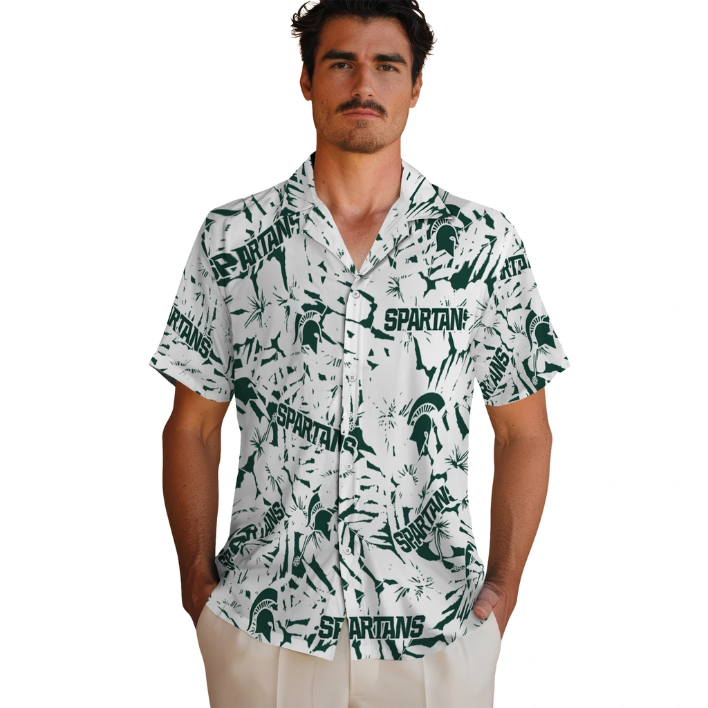 Michigan State Spartans Hawaiian Shirt - Hibiscus Overlay michigan state spartans hibiscus overlay hawaiian shirts fashion forward