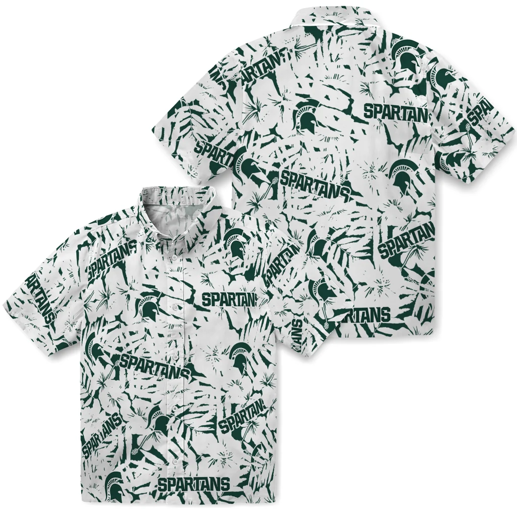 Michigan State Spartans Hawaiian Shirt - Hibiscus Overlay michigan state spartans hibiscus overlay hawaiian shirts high quality