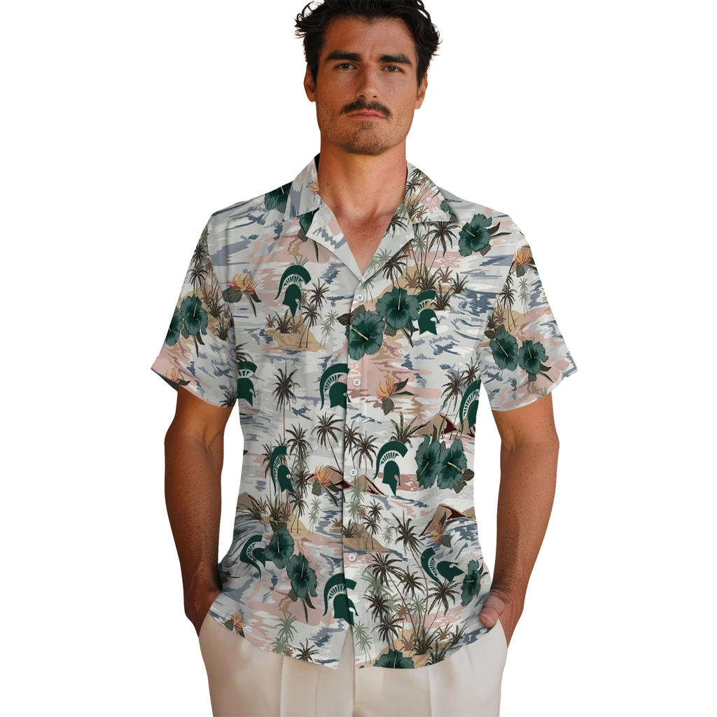 Michigan State Spartans Hawaiian Shirt - Hibiscus Seaside michigan state spartans hibiscus seaside white hawaiian shirts fashion forward