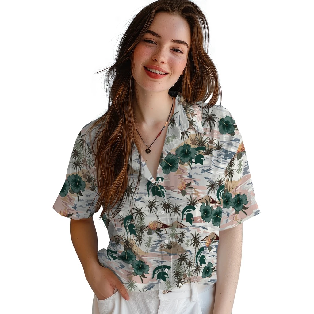 Michigan State Spartans Hawaiian Shirt - Hibiscus Seaside michigan state spartans hibiscus seaside white hawaiian shirts latest model