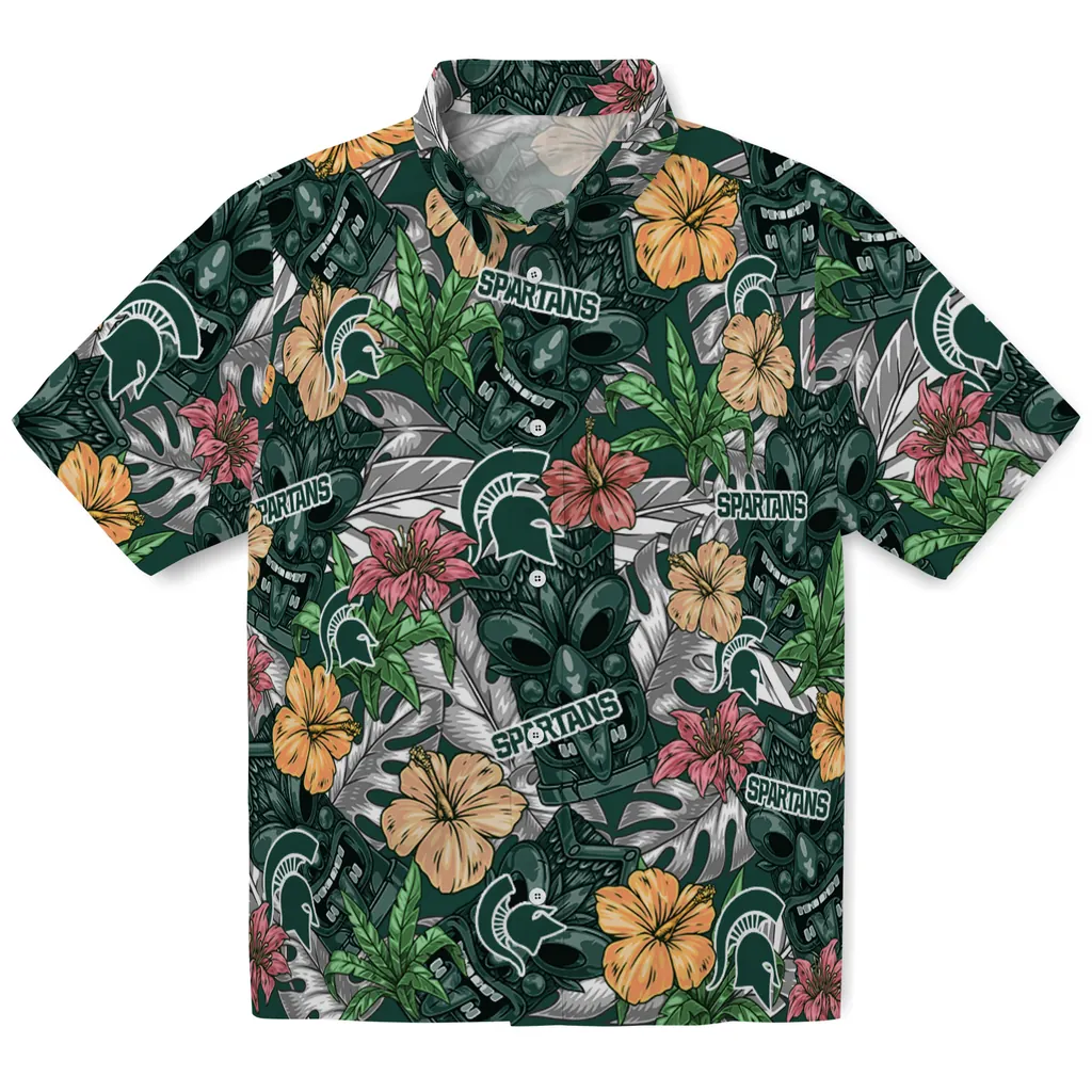 Michigan State Spartans Hawaiian Shirt - Hibiscus Tiki Jungle michigan state spartans tiki jungle green hawaiian shirts best selling
