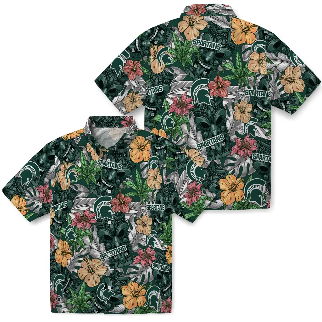 Michigan State Spartans Hawaiian Shirt - Hibiscus Tiki Jungle michigan state spartans tiki jungle green hawaiian shirts high quality