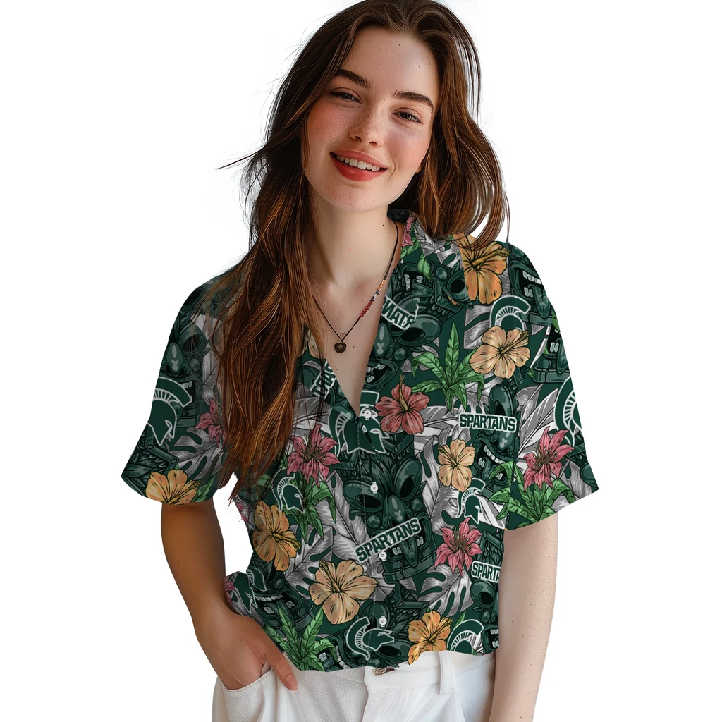 Michigan State Spartans Hawaiian Shirt - Hibiscus Tiki Jungle michigan state spartans tiki jungle green hawaiian shirts latest model