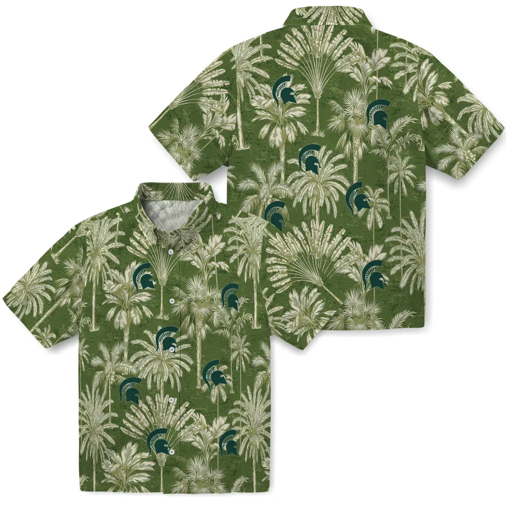 Michigan State Spartans Hawaiian Shirt - Vintage Palm Tree michigan state spartans palm shadows green hawaiian shirts high quality
