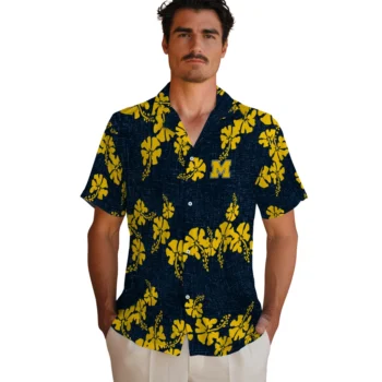 michigan wolverines hibiscus petals blue hawaiian shirts fashion forward