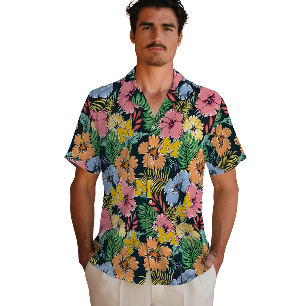 Michigan Wolverines Hawaiian Shirt - Brilliant Hibiscus Garden michigan wolverines brilliant hibiscus garden hawaiian shirts fashion forward