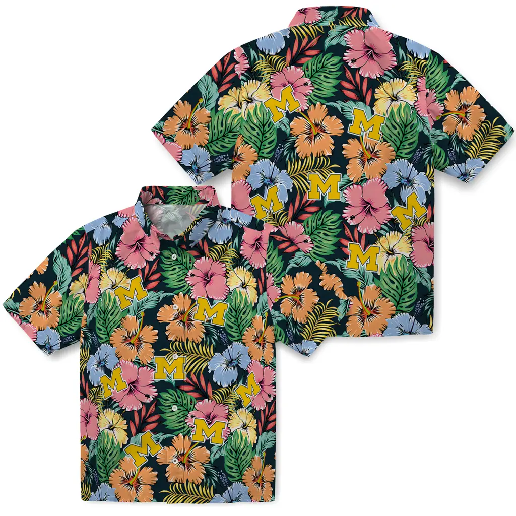 Michigan Wolverines Hawaiian Shirt - Brilliant Hibiscus Garden michigan wolverines brilliant hibiscus garden hawaiian shirts high quality