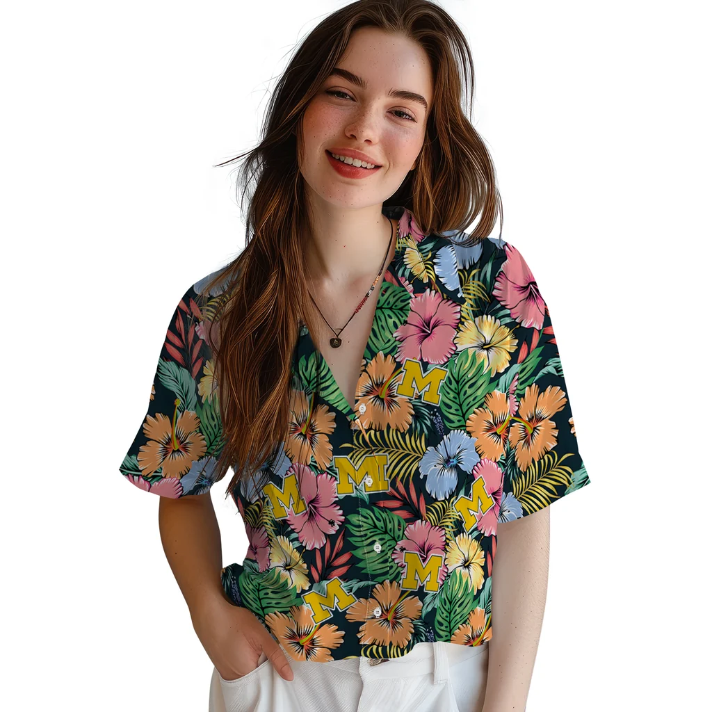 Michigan Wolverines Hawaiian Shirt - Brilliant Hibiscus Garden michigan wolverines brilliant hibiscus garden hawaiian shirts latest model