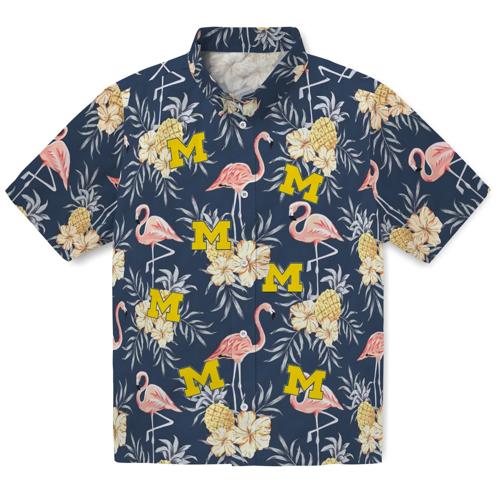 Michigan Wolverines Hawaiian Shirt - Flamingo Hibiscus michigan wolverines flamingo hibiscus navy hawaiian shirts best selling