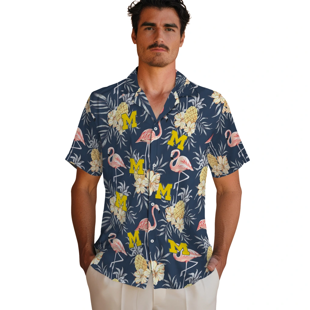 Michigan Wolverines Hawaiian Shirt - Flamingo Hibiscus michigan wolverines flamingo hibiscus navy hawaiian shirts fashion forward