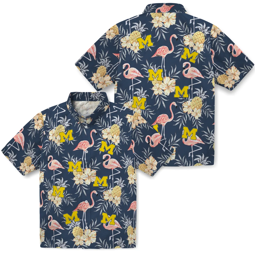 Michigan Wolverines Hawaiian Shirt - Flamingo Hibiscus michigan wolverines flamingo hibiscus navy hawaiian shirts high quality
