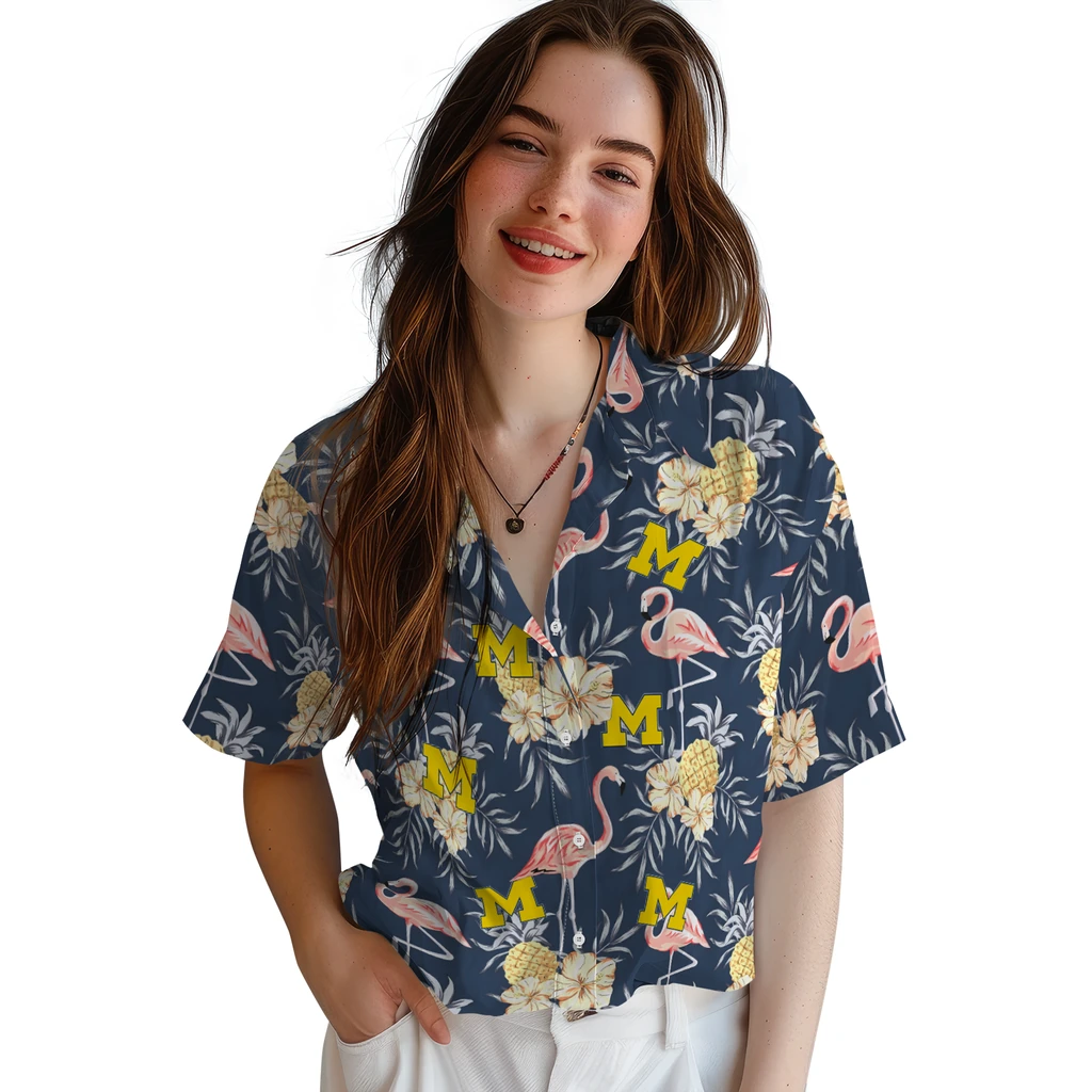 Michigan Wolverines Hawaiian Shirt - Flamingo Hibiscus michigan wolverines flamingo hibiscus navy hawaiian shirts latest model