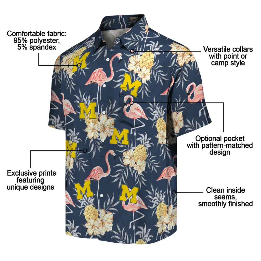 Michigan Wolverines Hawaiian Shirt - Flamingo Hibiscus michigan wolverines flamingo hibiscus navy hawaiian shirts new arrival
