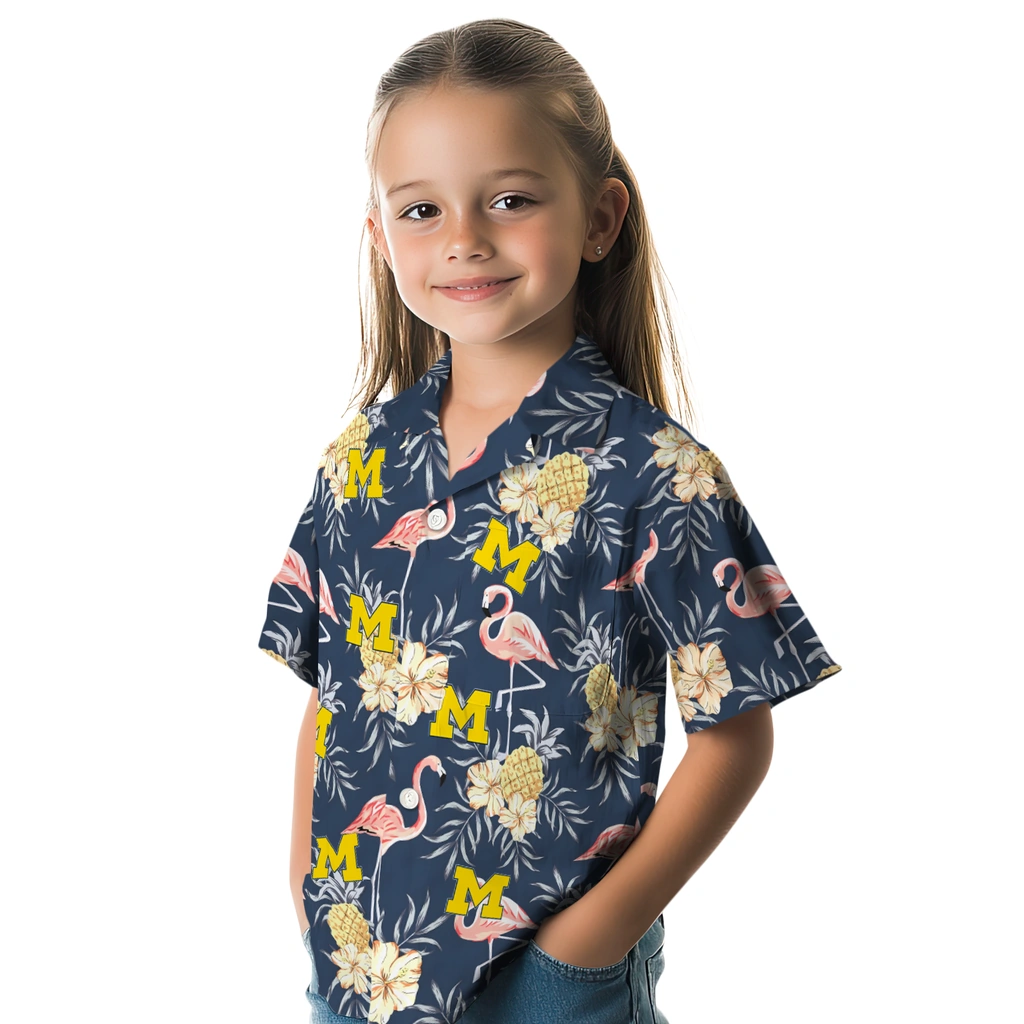 Michigan Wolverines Hawaiian Shirt - Flamingo Hibiscus michigan wolverines flamingo hibiscus navy hawaiian shirts premium grade