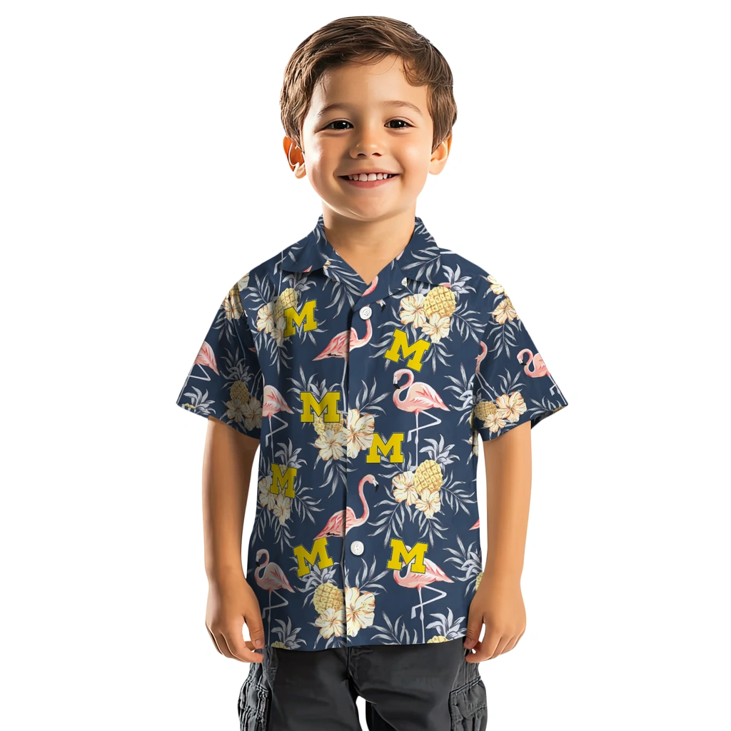 Michigan Wolverines Hawaiian Shirt - Flamingo Hibiscus michigan wolverines flamingo hibiscus navy hawaiian shirts top rated
