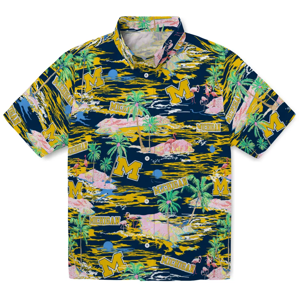 Michigan Wolverines Hawaiian Shirt - Hawaii Island michigan wolverines flamingo retreat blue hawaiian shirts best selling