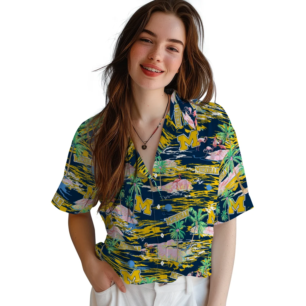 Michigan Wolverines Hawaiian Shirt - Hawaii Island michigan wolverines flamingo retreat blue hawaiian shirts latest model
