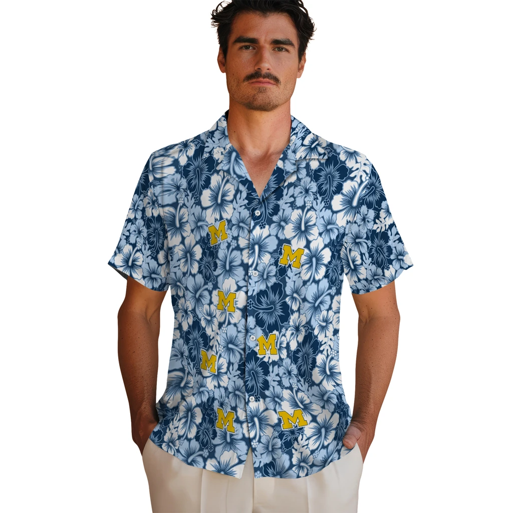 Michigan Wolverines Hawaiian Shirt - Hibiscus Blooms michigan wolverines hibiscus blooms blue hawaiian shirts fashion forward