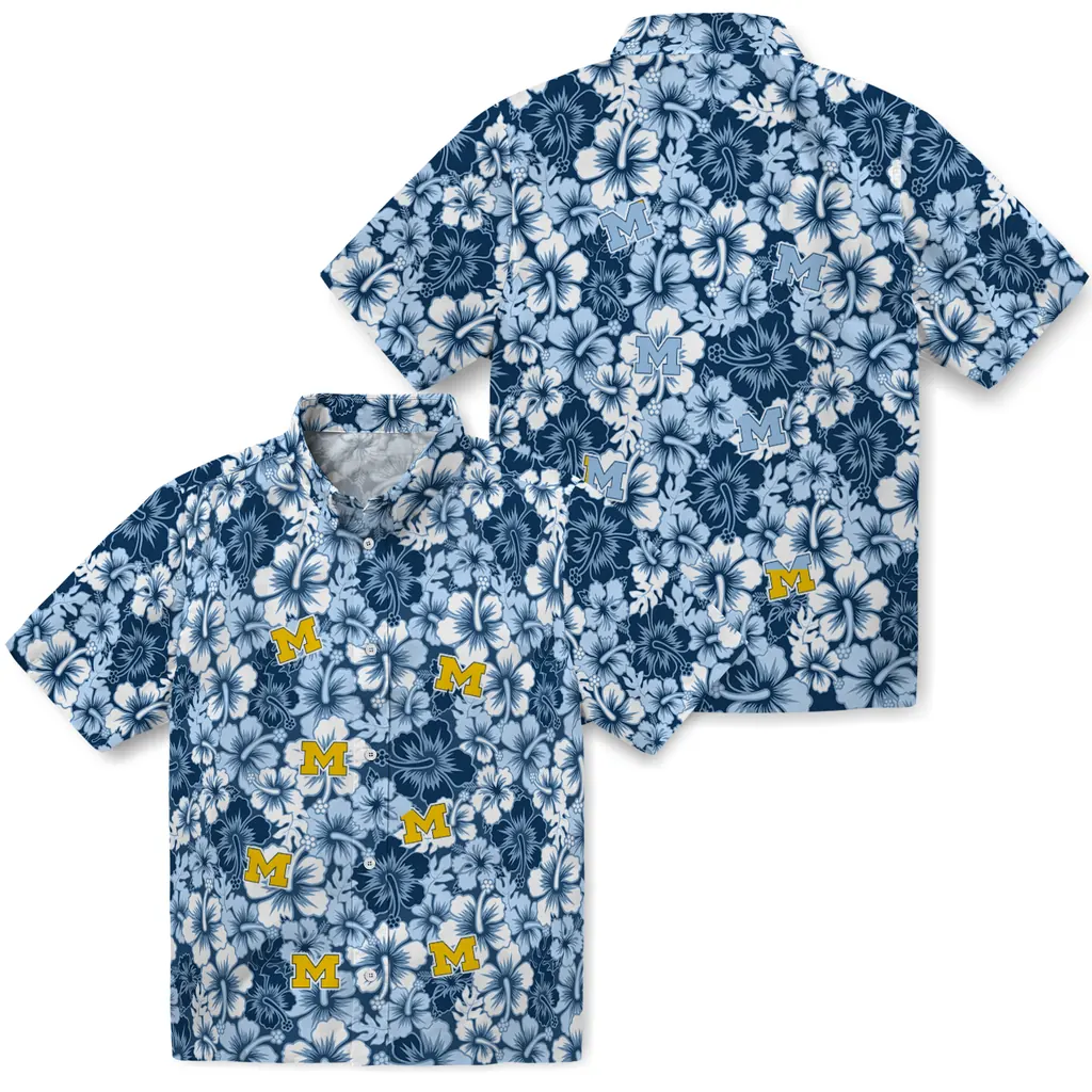 Michigan Wolverines Hawaiian Shirt - Hibiscus Blooms michigan wolverines hibiscus blooms blue hawaiian shirts high quality