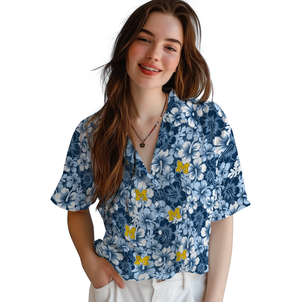 Michigan Wolverines Hawaiian Shirt - Hibiscus Blooms michigan wolverines hibiscus blooms blue hawaiian shirts latest model