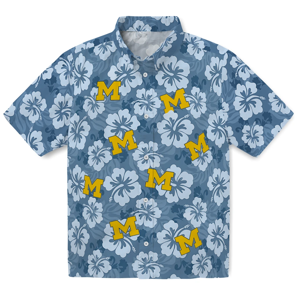 Michigan Wolverines Hawaiian Shirt - Hibiscus Cluster michigan wolverines hibiscus cluster blue hawaiian shirts best selling