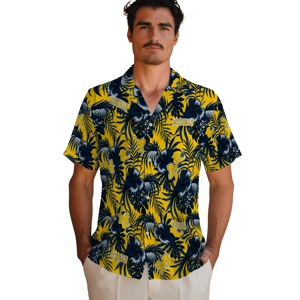 Michigan Wolverines Hawaiian Shirt - Hibiscus Exotic michigan wolverines hibiscus exotic blue hawaiian shirts fashion forward