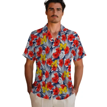 michigan wolverines hibiscus fiesta red royal blue hawaiian shirts fashion forward