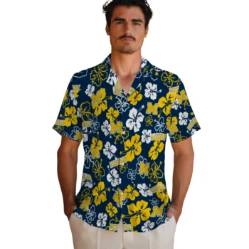 michigan wolverines hibiscus bloom blue hawaiian shirts fashion forward