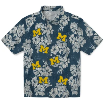 michigan wolverines hibiscus flowers navy blue hawaiian shirts best selling