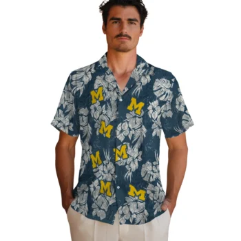 michigan wolverines hibiscus flowers navy blue hawaiian shirts fashion forward